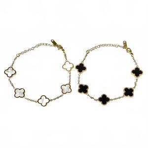 Set of 2 Gold K18 Clover Bracelets Black Onyx & Mother of Pearl Alhambra Style